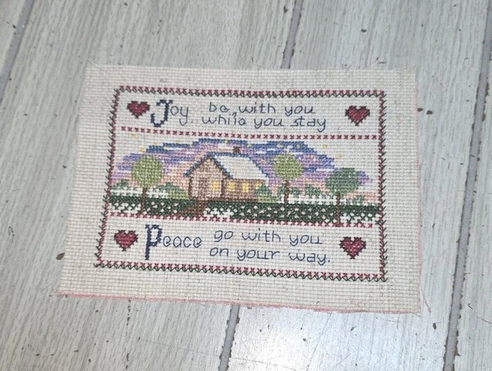 Vintage Counted Cross Stitch Finished Joy & Peace Friends Hearts Love Home